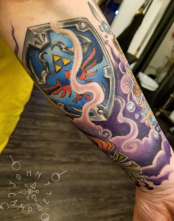 Full Color Zelda Ocarina of Time sleeve tattoo tattoo by John Campbell at Sacred Mandala Studio tattoo parlor in Durham, NC.